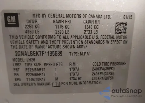2015 Chevrolet Equinox 1Lt from USA, damaged, VIN 2GNALBEK7F1135689